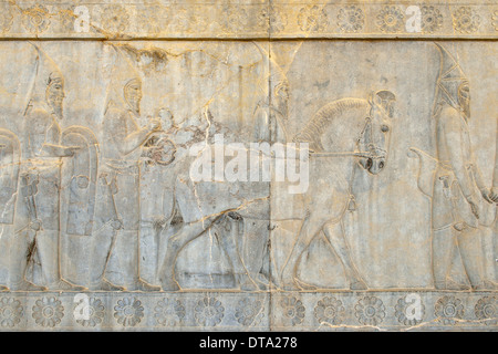 Delegazione bassorilievo, Palazzo Apadana, antica città di Persepolis, Sito Patrimonio Mondiale dell'UNESCO, nei pressi di Shiraz, far Provincia, Iran Foto Stock