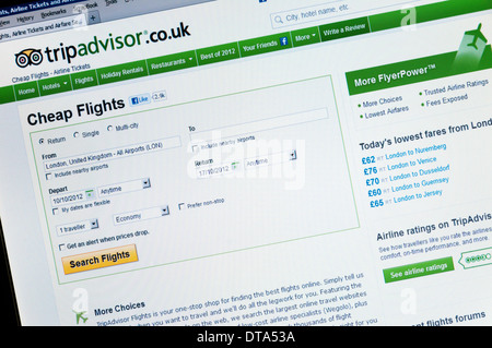 Il sito inglese dei consigli di viaggio sito tripadvisor, offrendo voli economici da Londra. Foto Stock