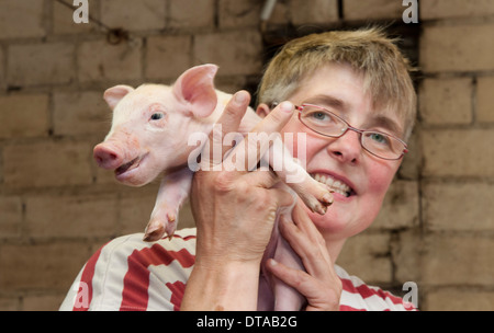 Una femmina di agricoltore detiene un giorno di vecchio piglet in suo porcile. Foto Stock