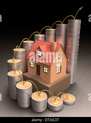 Piccola casa circondata da monete realizzato ​​of oro e argento formando un grafico sul luogo. Foto Stock