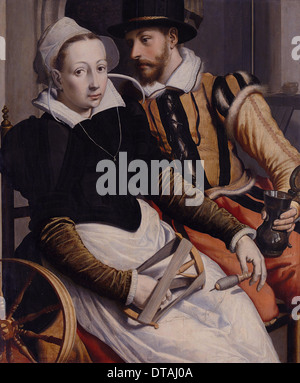 L uomo e la donna al momento della filatura ruota, c. 1570. Artista: Pietersz il Vecchio, Pieter (1540-1603) Foto Stock