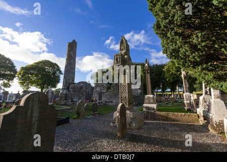 Monasterboice. Il sito ospita due chiese costruite nel XIV secolo, una torre rotonda e del decimo secolo attraversa alta. Foto Stock