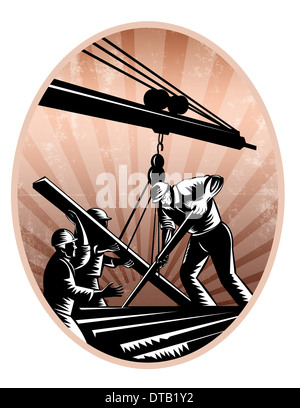 Illustrazione di una squadra di operai edili indossando hardhat lavorando su travi in acciaio è di sollevamento sul braccio della gru fatto rétro xilografia stile. Foto Stock