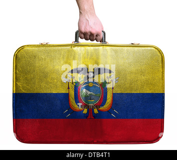 Tourist mano azienda pelle vintage borsa da viaggio con bandiera dell Ecuador Foto Stock