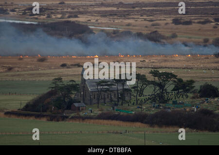 Borth Ceredigion West Wales, Venerdì 14 Feb 2014 grandi parti di cors Fochno (Borth Bog) wetland riserva naturale sono sul fuoco a seguito del crollo riportati di linee elettriche ad alta tensione durante la notte. Gli incendi, stiramento in una linea alcuni 250m ampia stanno bruciando 200m da case vicine, roulotte e chiesa Photo credit: keith morris/Alamy Live News Foto Stock