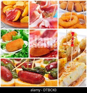 Un collage di diverse tapas spagnole, come patatas bianche o frittata spagnola Foto Stock