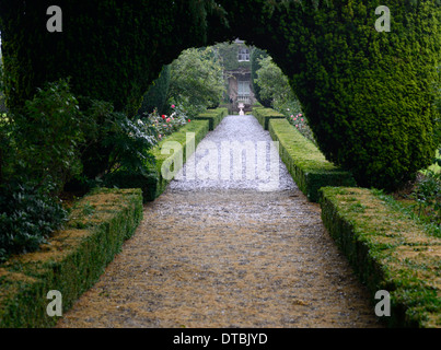 Altamont giardini viale di buxus sempervirens siepe di bosso yew taxus baccata arch che conduce verso casa garden design Foto Stock