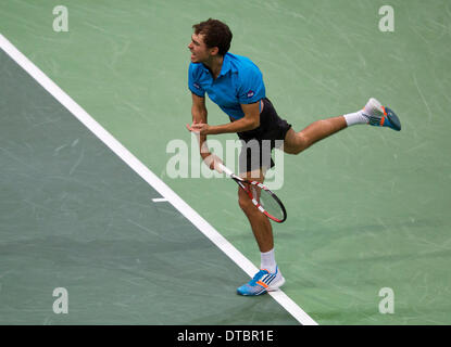 Rotterdam, Paesi Bassi. 14 feb 2014. Jerzy Janowicz(POL) nella sua partita contro Tomas BERDYCH(TSJ) all'ABN AMRO World Tennis Tournament foto:Tennisimages/Henk Koster/Alamy Live News Foto Stock