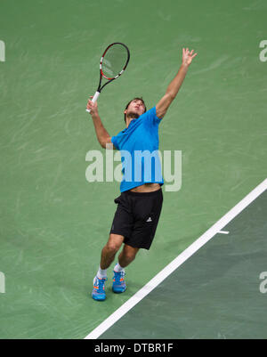 Rotterdam, Paesi Bassi. 14 feb 2014. Jerzy Janowicz(POL) nella sua partita contro Tomas BERDYCH(TSJ) all'ABN AMRO World Tennis Tournament foto:Tennisimages/Henk Koster/Alamy Live News Foto Stock