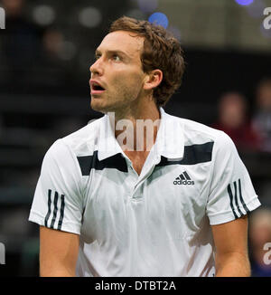 Rotterdam, Paesi Bassi. 14 feb 2014. Ernests GULBIS(LET) nella sua partita contro Juan-Martin Del Potro(ARG) all'ABN AMRO World Tennis Tournament foto:Tennisimages/Henk Koster/Alamy Live News Foto Stock