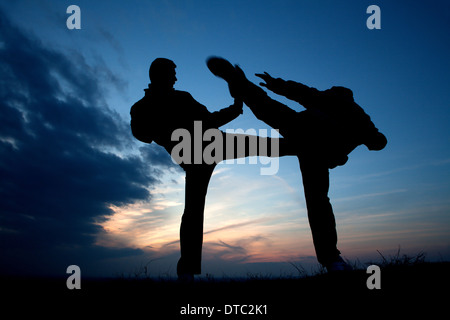 Formazione di karate in serata - silhouette Foto Stock