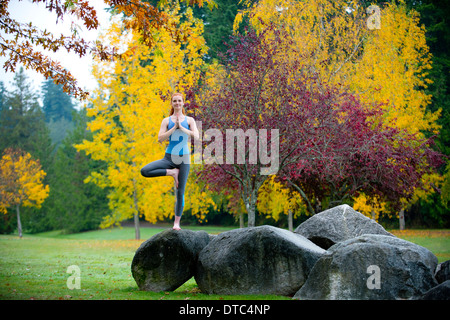 Giovane donna a praticare yoga su roccia Foto Stock