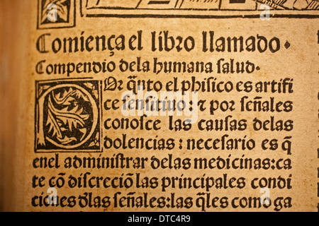 Incunable prenota Johannes de Ketham. Compendio de la Salud humana. Juan de Burgos autore. Libreria di Navarra. La Navarra. Spagna Foto Stock