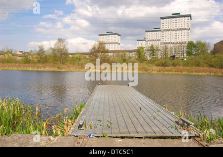 Elevato aumento appartamenti dietro il canale di Forth e Clyde al bacino Firhill a Glasgow, Scozia Foto Stock