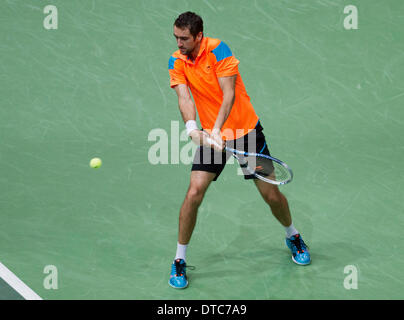 Rotterdam, Paesi Bassi. 14 feb 2014. ABN AMRO World Tennis Tournament Marin CILIC(KRO) nella sua partita contro Andy Murray(GRB) foto:Tennisimages/Henk Koster/Alamy Live News Foto Stock