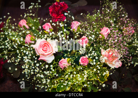 Sistemazione floreale comprendente principalmente rosebuds rosa, bianco gypsophila e un garofano rosso Foto Stock