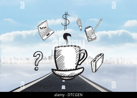 Immagine composita della tazza di caffè doodle con icone di business Foto Stock