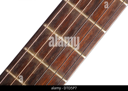 Inquadratura ravvicinata del fret board di una chitarra classica Foto Stock