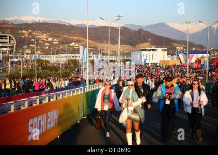 Sochi, Russia. 15 feb 2014. La gente a piedi oltre la passerella al Parco Olimpico a Sochi 2014 Giochi Olimpici di Sochi, Russia, 15 febbraio 2014. Foto: Michael Kappeler/dpa Credito: dpa picture alliance/Alamy Live News Foto Stock