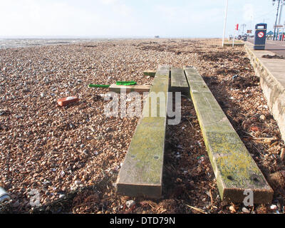 Portsmouth, Hampshire, Inghilterra xv febbraio 2014Legno dal danneggiato South Parade Pier si trova lungo la spiaggia dopo venti alti e forti maree martoriata il molo per tutta la notte e causare ulteriori danni strutturali. Il molo è stata chiusa al pubblico a causa di sicurezza strutturale problemi per oltre un anno il credito: simon evans/Alamy Live News Foto Stock