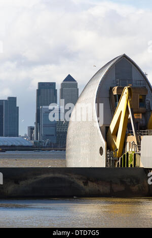 Londra, UK . 15 feb 2014. La Thames Barrier è stata nuovamente sollevata oggi per proteggere contro la predetta picchi di marea. La chiusura essendo uno dei 30 tali chiusure dal 6 dicembre 2013, che rappresenta un quinto del totale delle chiusure sin dalla sua apertura nel 1982. Le azioni sono intraprese nel tentativo di alleviare la pressione da alcune delle aree più colpite dalle recenti inondazioni tra Kingston-upon-Thames nella zona ovest di Londra e Oxford. Credito: Brendan Bell/Alamy Live News Foto Stock