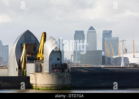 Londra, UK . 15 feb 2014. La Thames Barrier è stata nuovamente sollevata oggi per proteggere contro la predetta picchi di marea. La chiusura essendo uno dei 30 tali chiusure dal 6 dicembre 2013, che rappresenta un quinto del totale delle chiusure sin dalla sua apertura nel 1982. Le azioni sono intraprese nel tentativo di alleviare la pressione da alcune delle aree più colpite dalle recenti inondazioni tra Kingston-upon-Thames nella zona ovest di Londra e Oxford. Credito: Brendan Bell/Alamy Live News Foto Stock