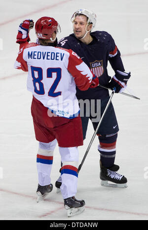 Sochi, Russia. 15 feb 2014. Mens Hockey gioco al Bolshoy Cupola di ghiaccio a Sochi 2014 Olimpiadi invernali il 15 febbraio 2014 in Sochi, Russia. Credito: Paolo Kitagaki Jr./ZUMAPRESS.com/Alamy Live News Foto Stock