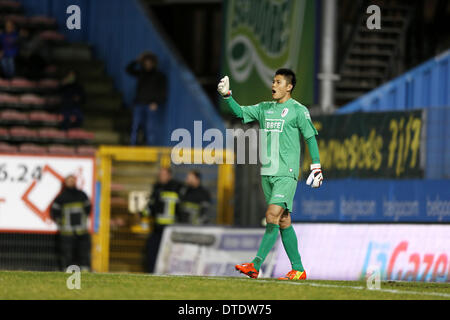 Charleroi in Belgio. 15 feb 2014. Eiji Kawashima (Standard) Calcio : Jupiler Pro League match tra Sporting Charleroi 0-1 Standard de Liege a Stade du Pays de Charleroi in Charleroi Belgio . Credito: AFLO/Alamy Live News Foto Stock