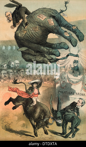 Cartoon politico 1882 Chester A. Arthur equitazione elefante repubblicano si lancia in aria in alto in un "politico" Foto Stock