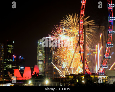 Vista di Marina Bay area da Bay East Garden Singapore durante la celebrazione della festa nazionale con i fuochi d'artificio Foto Stock