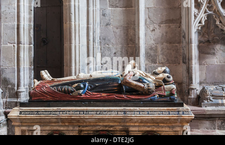 Tomba nella cattedrale di Hereford, Hereford, Regno Unito: alabastro effigi di Alexander Denton, moglie Anne e baby bambino Foto Stock