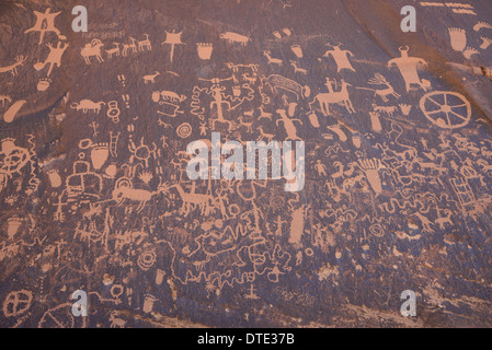 Indiana antica arte rupestre, petroglifi Newspaper Rock, in prossimità della sezione di aghi del Parco Nazionale di Canyonlands, Utah, Stati Uniti d'America Foto Stock