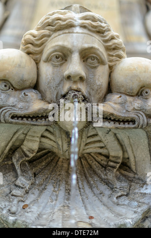 Fontana con due dolphines e una statua umana di fronte al Pantheon Foto Stock