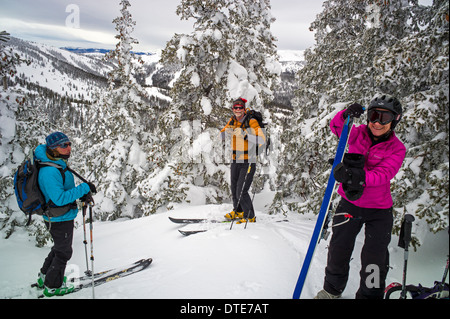 Paese indietro gli sciatori preparando per una discesa nei pressi di Monarch Pass, central Colorado, STATI UNITI D'AMERICA Foto Stock