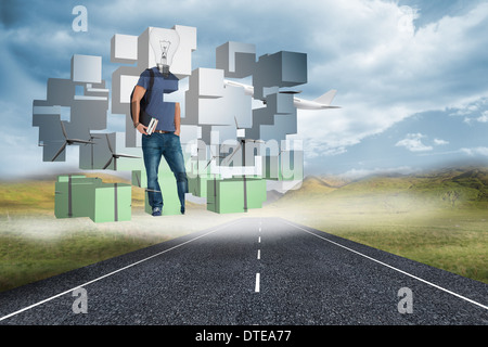 Immagine composita della lampadina studente su schermo astratto Foto Stock