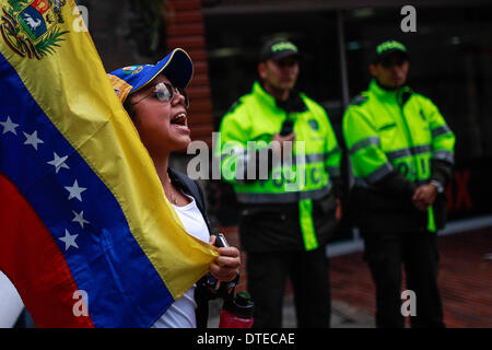 Bogotà, Colombia. 16 feb 2014. Un cittadino venezuelano che vive in Colombia prende parte a una protesta contro il governo del Venezuela del Presidente Nicolas Maduro, di fronte alla residenza dell'ambasciatore venezuelano in Colombia, nella città di Bogotà, capitale della Colombia, nel febbraio 16, 2014. Credito: Jhon Paz/Xinhua/Alamy Live News Foto Stock