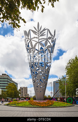 Febbraio 2014. Il Challis scultura in piazza del Duomo, Christchurch, Canterbury, South Island, in Nuova Zelanda. Foto Stock