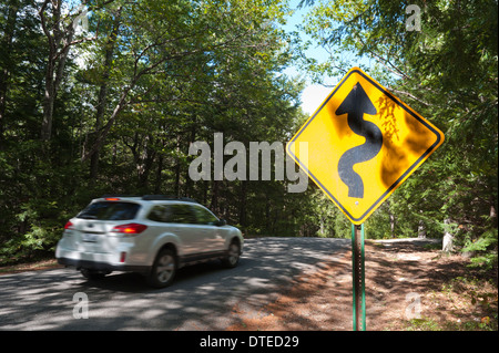 Strada tortuosa segno di traffico su una strada forestale. Foto Stock