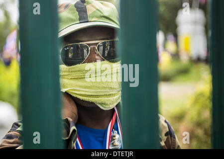 Bangkok, Tailandia. 17 feb 2014. Un governo anti-protestor guarda attraverso il cancello del Ministero della Pubblica Istruzione in Bangkok. Il governo anti-movimento di protesta, guidato da al popolo la riforma democratica e del comitato denominato Shutdown Bangkok ha in corso da più di un mese. Il movimento di protesta chiamato, al popolo la riforma democratica Comitato (PDRC), vuole per spurgare l'attuale partito di governo e dei suoi patroni nella famiglia di Shinawatra dalla Tailandese politica. Credito: ZUMA Press, Inc./Alamy Live News Foto Stock