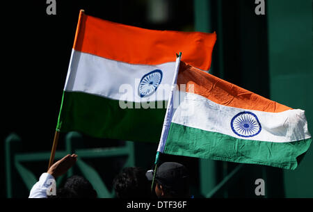 Wellington, Nuova Zelanda. 17 feb 2014. Bandiere il giorno 4 della seconda prova del cricket corrispondono a Hawkins Basin Reserve. Wellington. ANZ serie di prova, Nuova Zelanda i cappucci neri v India. Credito: Azione Sport Plus/Alamy Live News Foto Stock