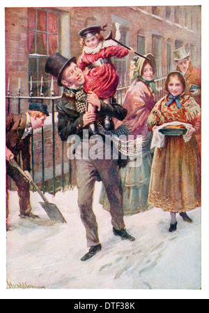 Bob Cratchit e Tiny Tim illustrazione del romanzo A Christmas Carol. da Charles John Huffam Dickens Foto Stock