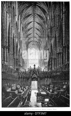 Il Coro e la navata di Westminster Abbey guardando ad ovest circa 1890 Foto Stock
