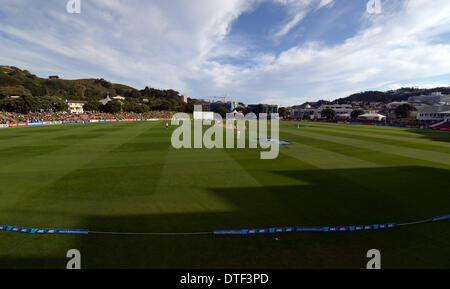 Wellington, Nuova Zelanda. 17 feb 2014. Vista generale il giorno 4 della seconda prova del cricket corrispondono a Hawkins Basin Reserve. Wellington. ANZ serie di prova, Nuova Zelanda i cappucci neri v India. Credito: Azione Sport Plus/Alamy Live News Foto Stock