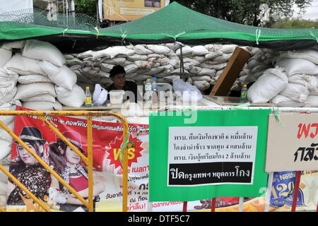 Bangkok, Tailandia. 17 feb 2014. Un governo anti-protester siede dietro una barricata vicino la Casa del Governo di Bangkok, capitale della Thailandia, Feb 17, 2014. Centinaia di governo anti-manifestanti hanno assediato la Casa del Governo per impedire la custode del primo ministro di ritornare a lavorare come le recenti tensioni escalation in Thailandia il lunedì mattina. Credito: Gao Jianjun/Xinhua/Alamy Live News Foto Stock