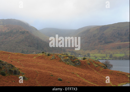 Vista invernale da Silver Point su Ullswater e The Fells Coperto da Brown Bracken nel Lake District National Park, Cumbria, Inghilterra, Regno Unito Foto Stock