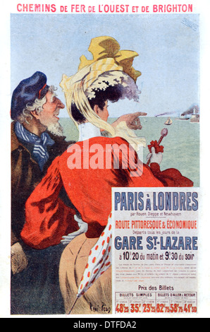 Pubblicità vintage o pubblicità di Parigi a Londra in treno e in traghetto per attraversare il canale (c1930) Foto Stock