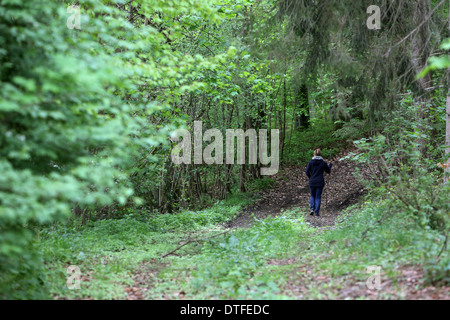 Nuovo Kätwin, Germania, donna corre da solo attraverso una foresta Foto Stock