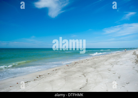 USA Florida Sarasota FL Longboat Key vuoto spiaggia di sabbia bianca con un solitario spiaggia soleggiata walker blu del cielo Foto Stock