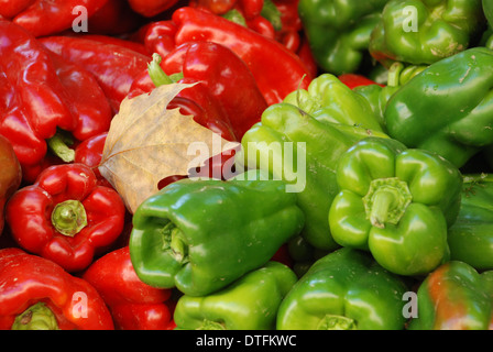 peperoni dolci misti in primo piano con foglie cadute accatastate sul mercato e pronte per la vendita e la luce che cattura il loro colore rosso e verde Foto Stock