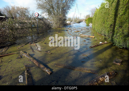 Strada allagata nel villaggio di Burrowbridge sui livelli di Somerset Febbraio 2014 Foto Stock